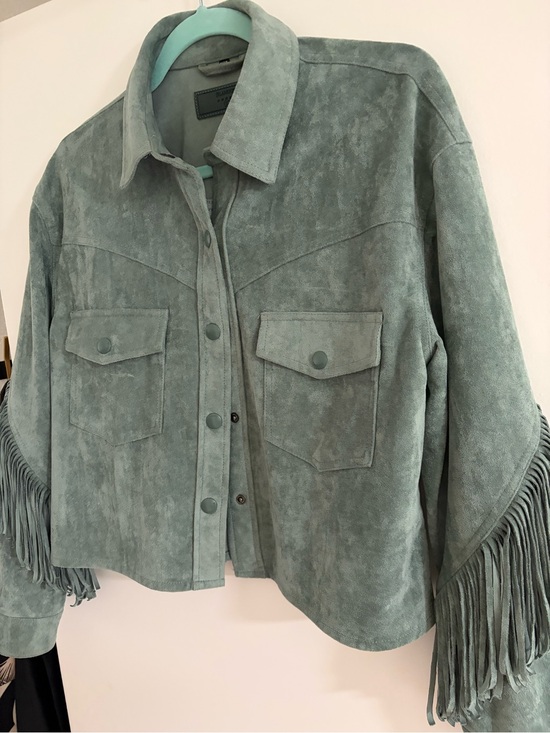Blank NYC Jackets & Blazers - Blank NYC Sage Green Suede Fringe Shirt Jacket